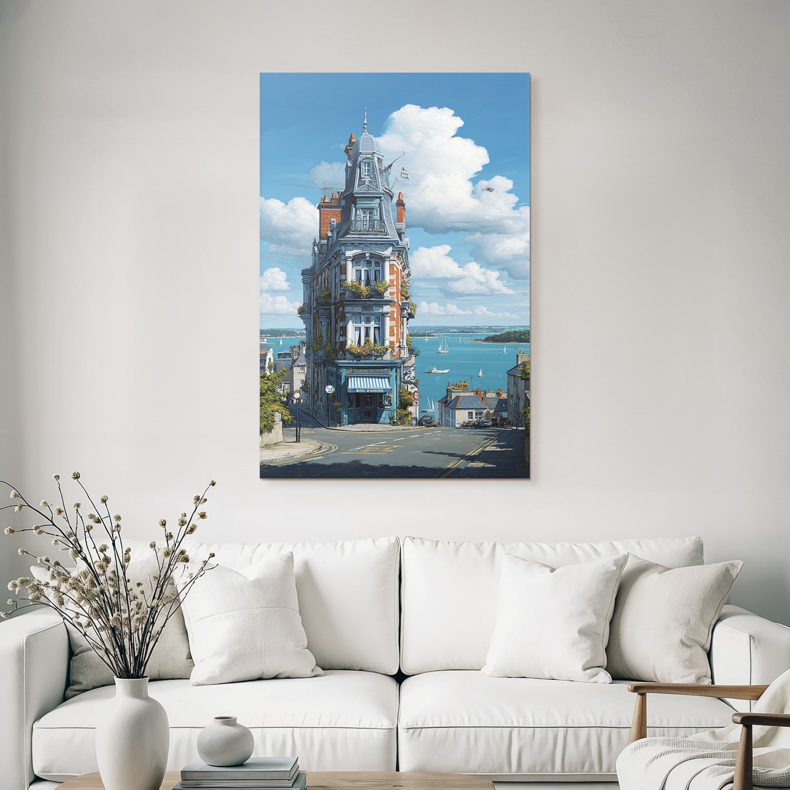 Quaint Multi Level Building Overlooking Water With Sailboats