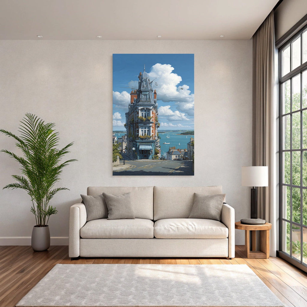 Quaint Multi Level Building Overlooking Water With Sailboats