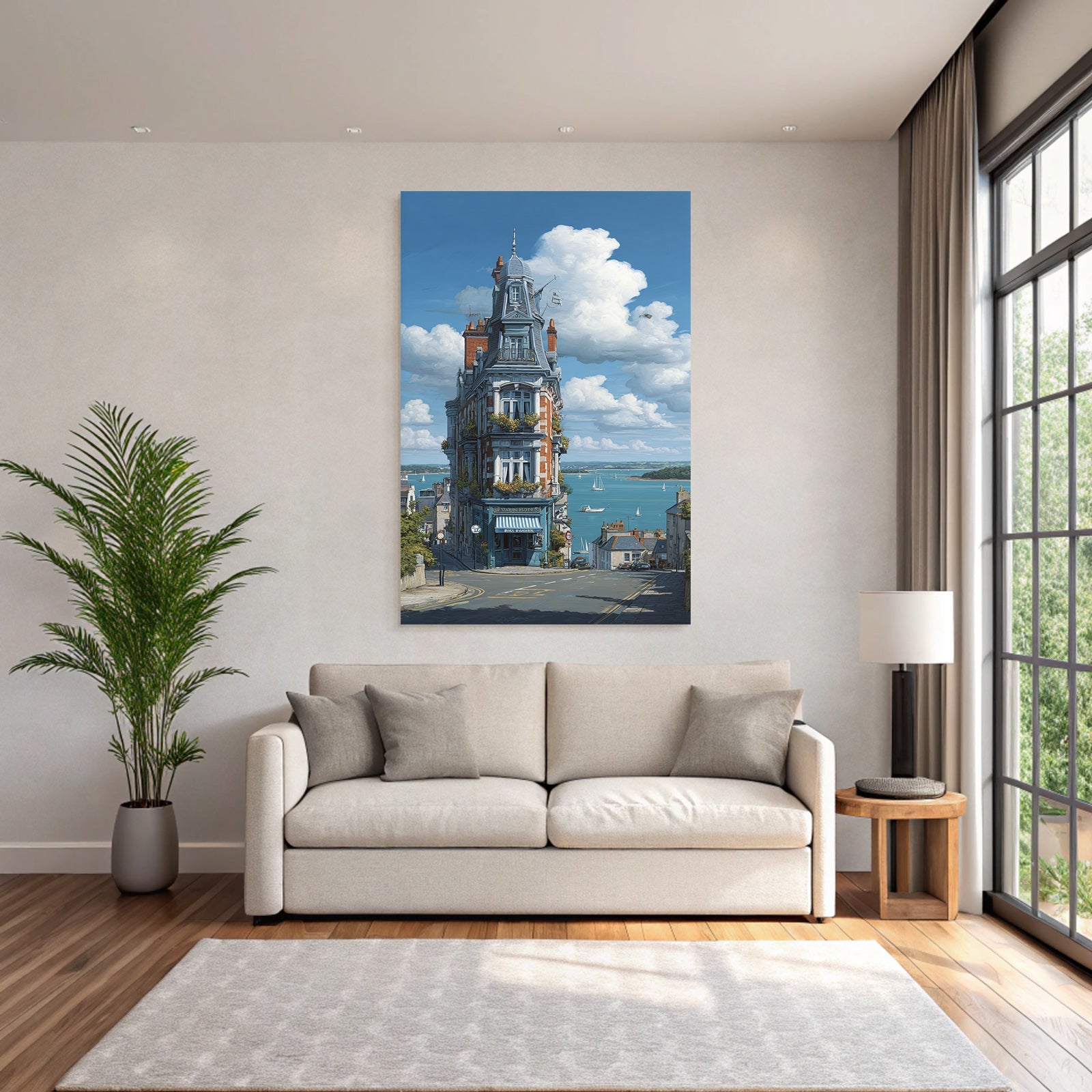 Quaint Multi Level Building Overlooking Water With Sailboats