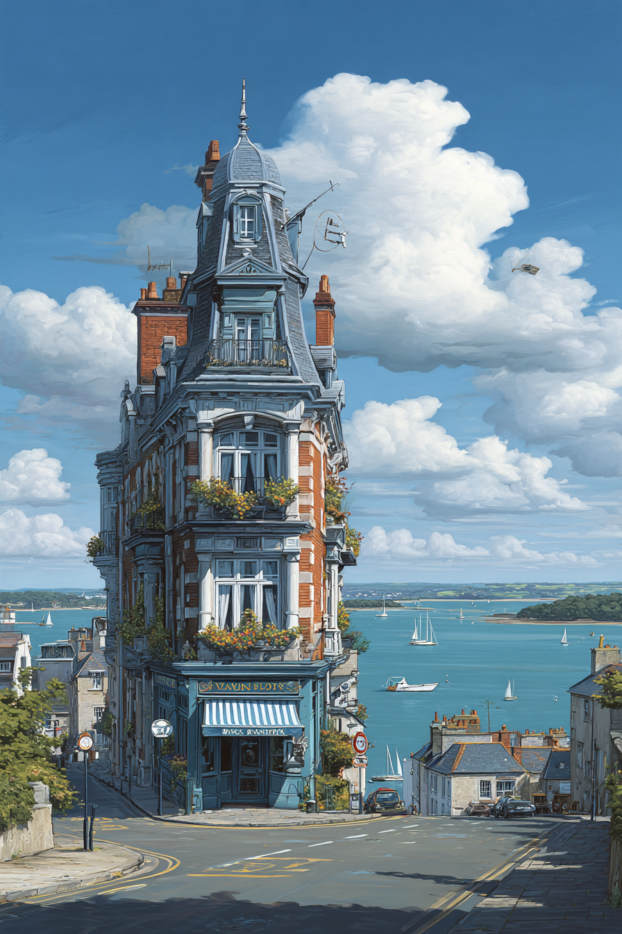 Quaint Multi Level Building Overlooking Water With Sailboats | Humor und Schraeges | Themen und Hobbys