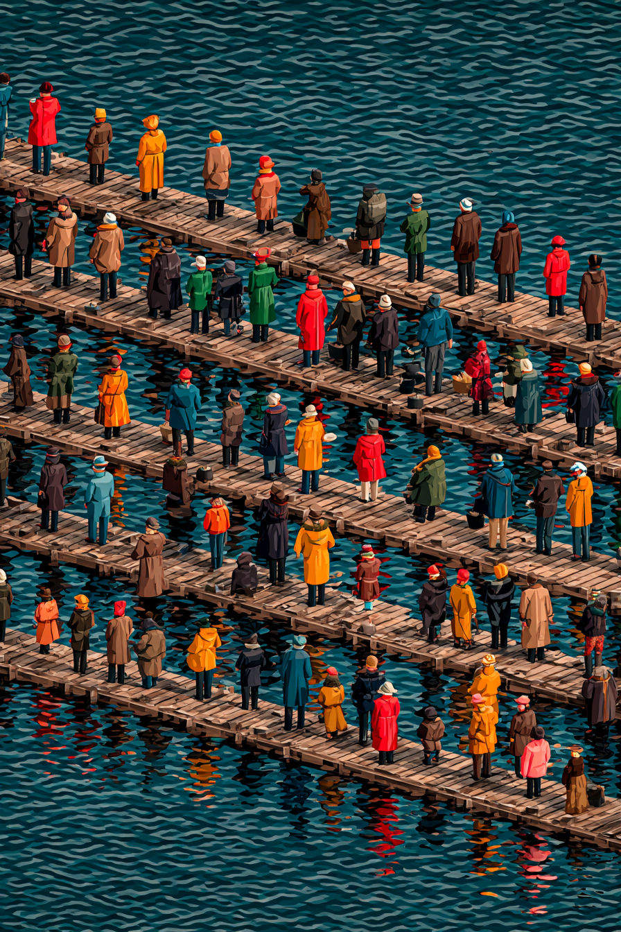 Stilisiertes Szenario Von F Figuren Auf Holzwegen Über Wasser In Vibranten Farben | Humor und Schraeges | Themen und Hobbys