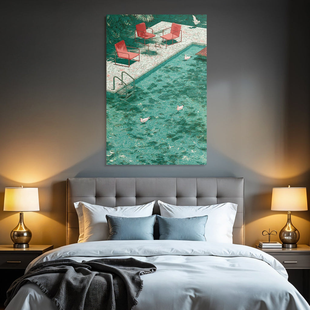 Turquoise Pool With Ducks And Red Chairs In Tropical Setting