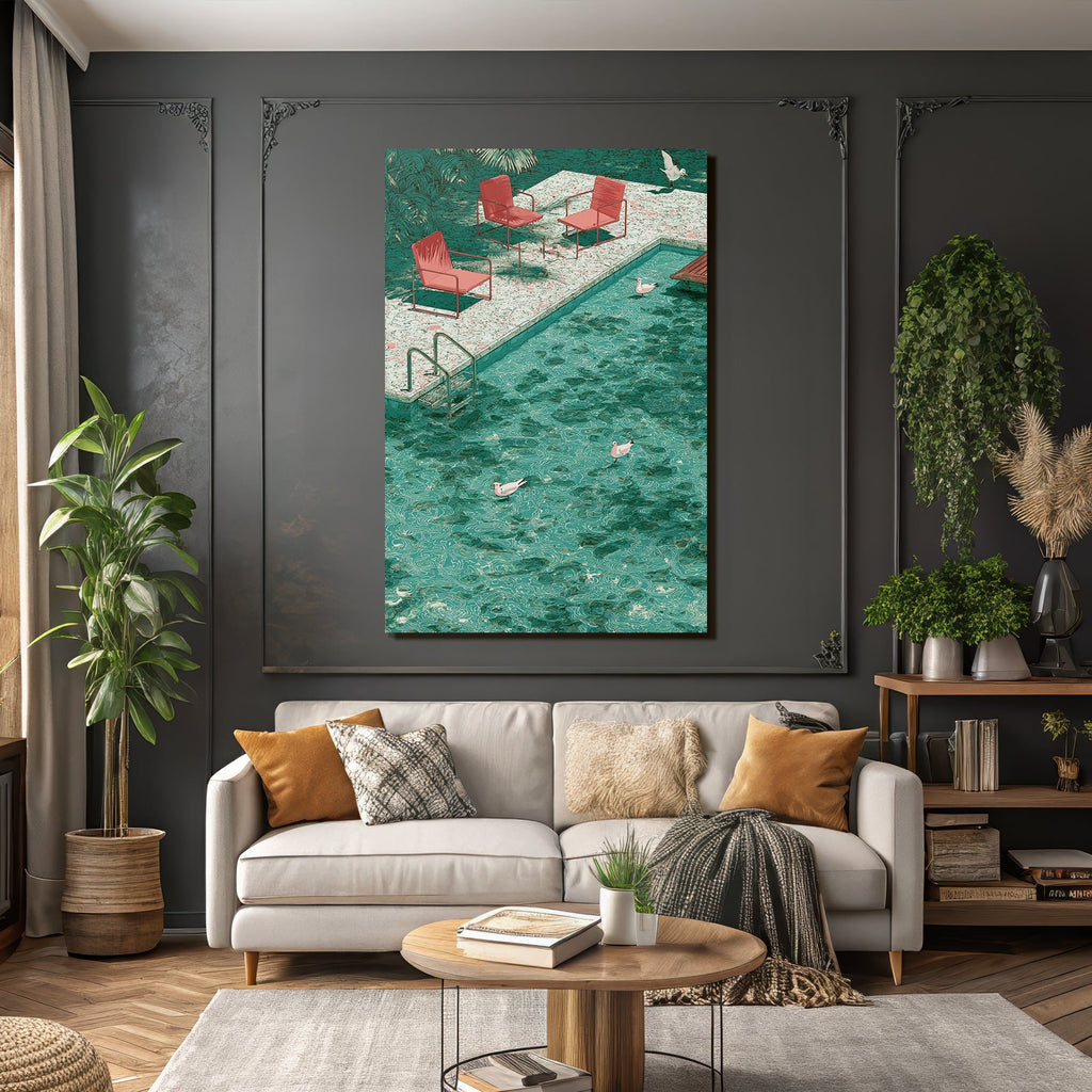 Turquoise Pool With Ducks And Red Chairs In Tropical Setting