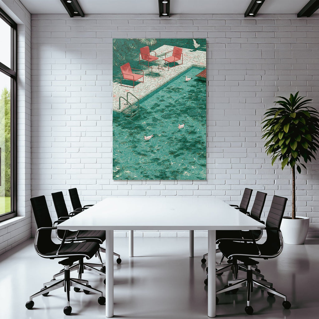 Turquoise Pool With Ducks And Red Chairs In Tropical Setting