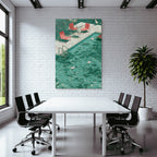 Turquoise Pool With Ducks And Red Chairs In Tropical Setting