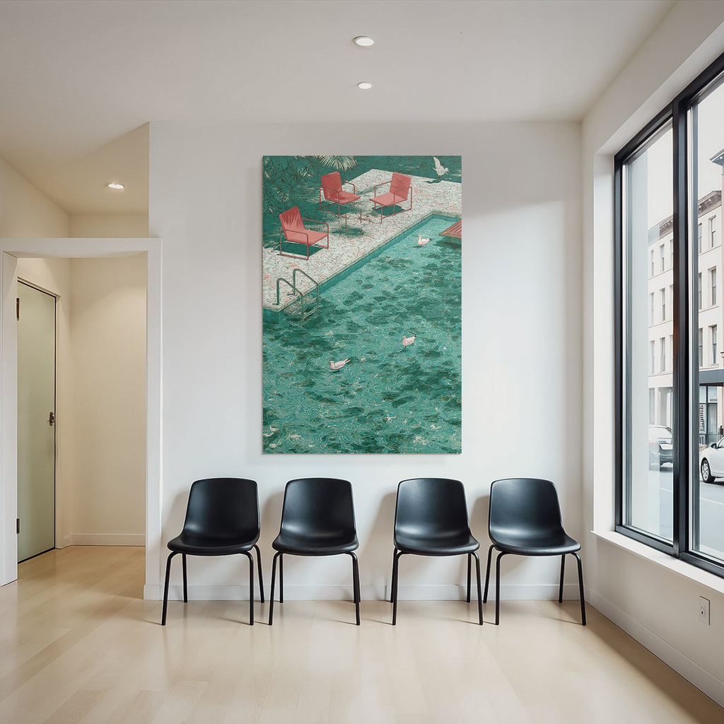Turquoise Pool With Ducks And Red Chairs In Tropical Setting