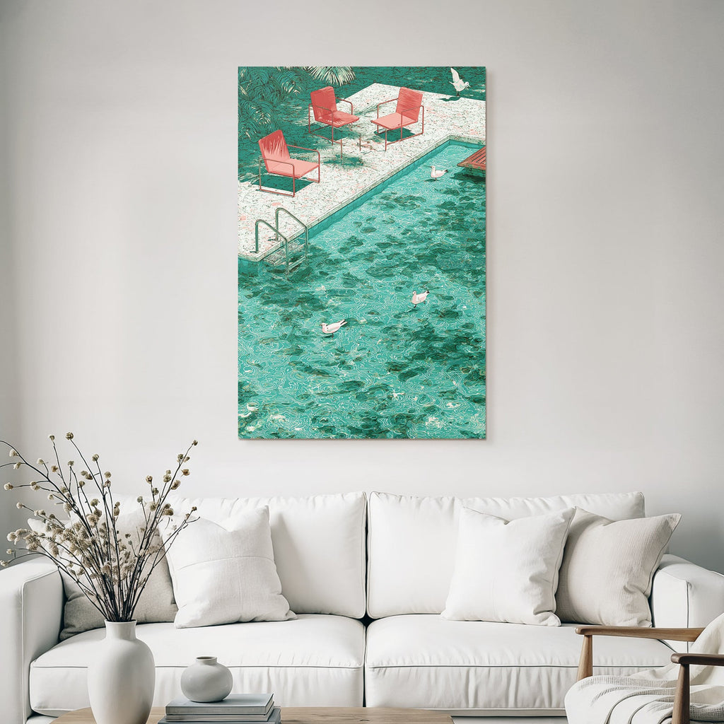 Turquoise Pool With Ducks And Red Chairs In Tropical Setting