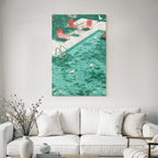 Turquoise Pool With Ducks And Red Chairs In Tropical Setting
