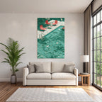 Turquoise Pool With Ducks And Red Chairs In Tropical Setting