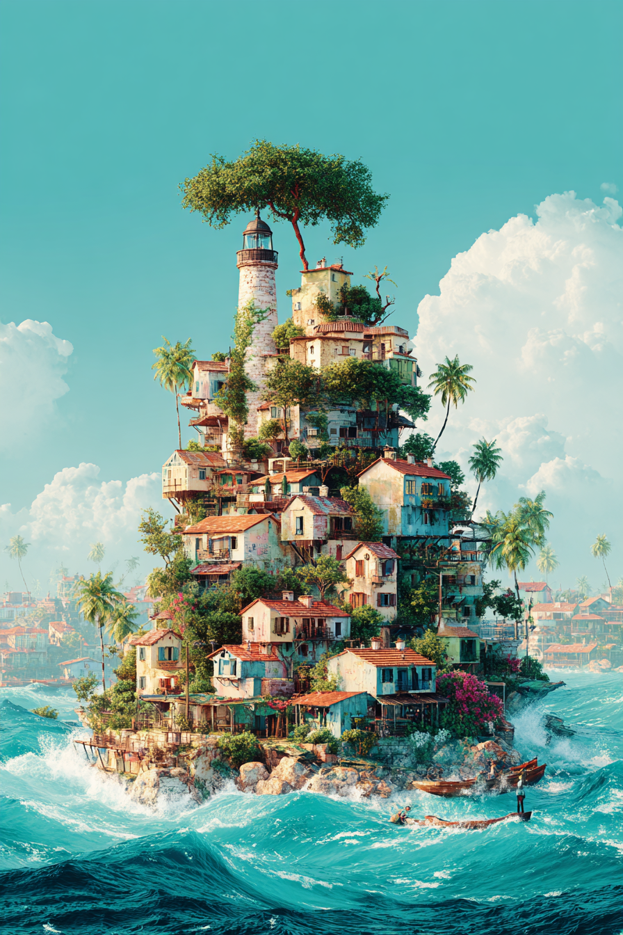 Vibrante Küste Insel Leuchtturm Häuser Vegetation See Menschen Boot | Humor und Schraeges | Themen und Hobbys