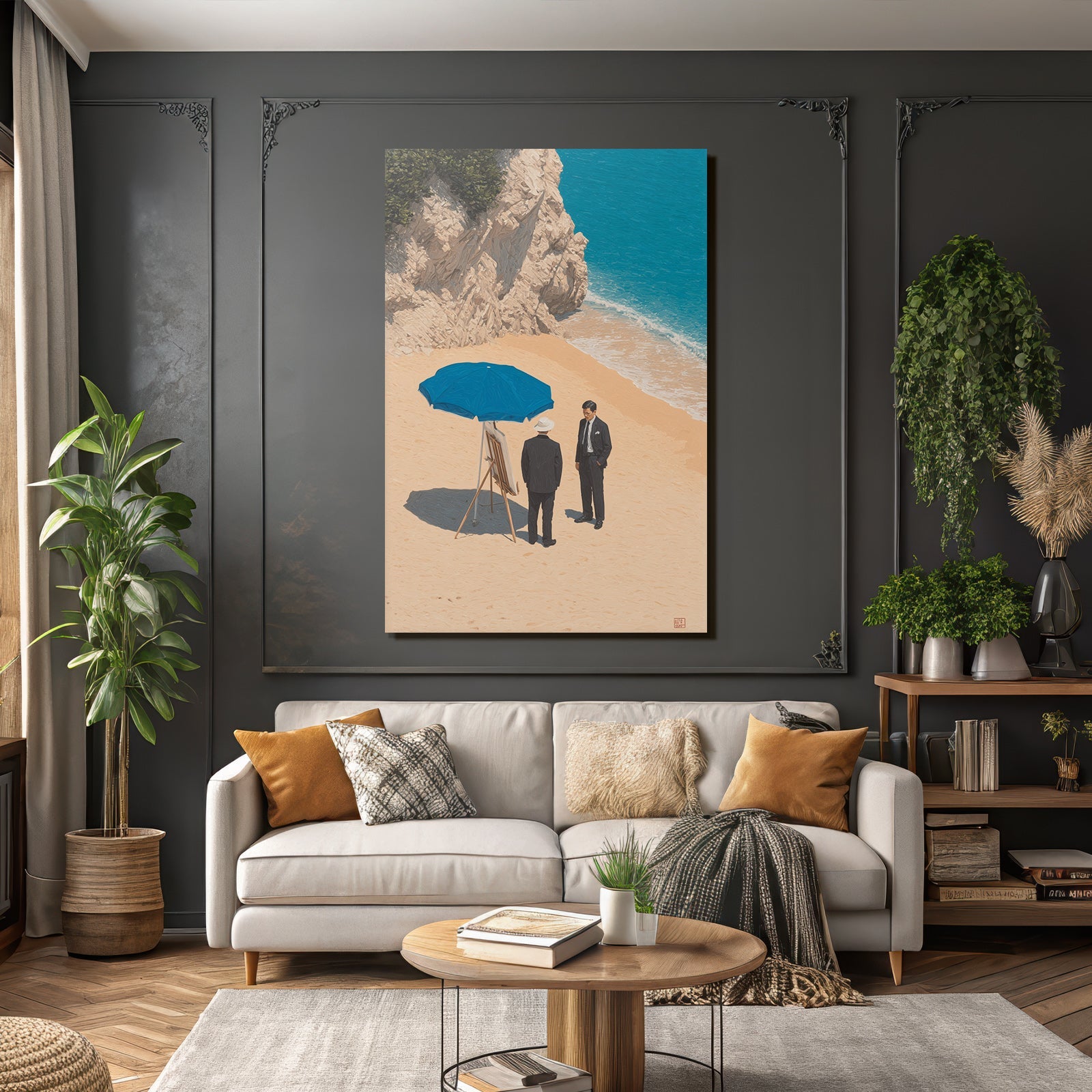 Zwei Männer In Formeller Garderobe Am Strand Mit Easel Unter Umbrella