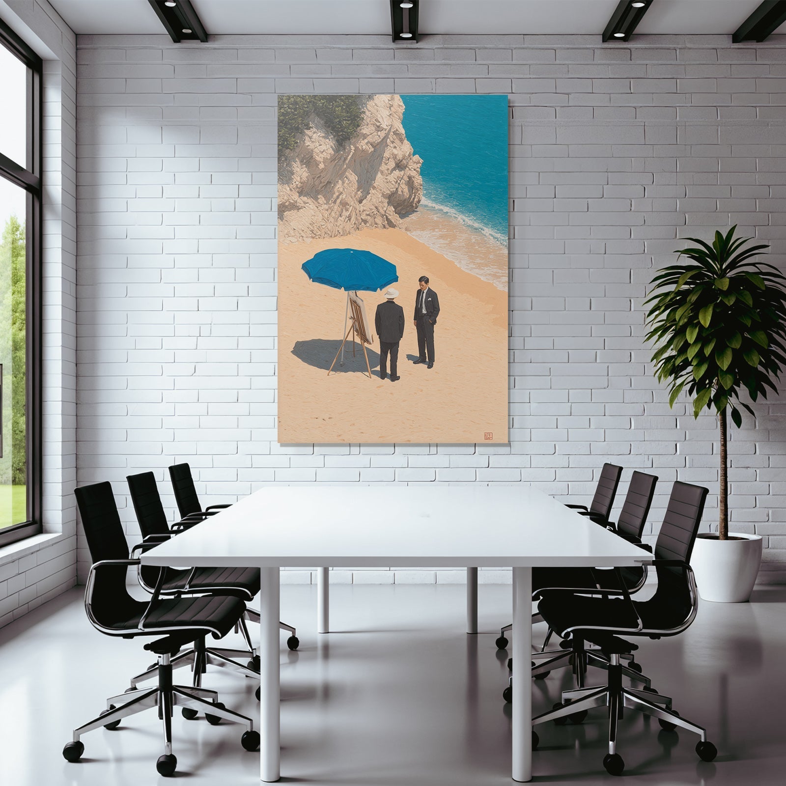 Zwei Männer In Formeller Garderobe Am Strand Mit Easel Unter Umbrella
