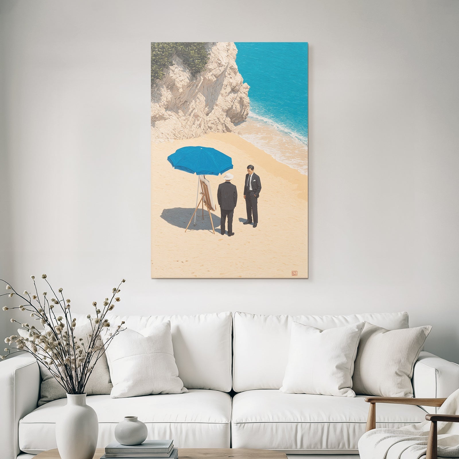 Zwei Männer In Formeller Garderobe Am Strand Mit Easel Unter Umbrella