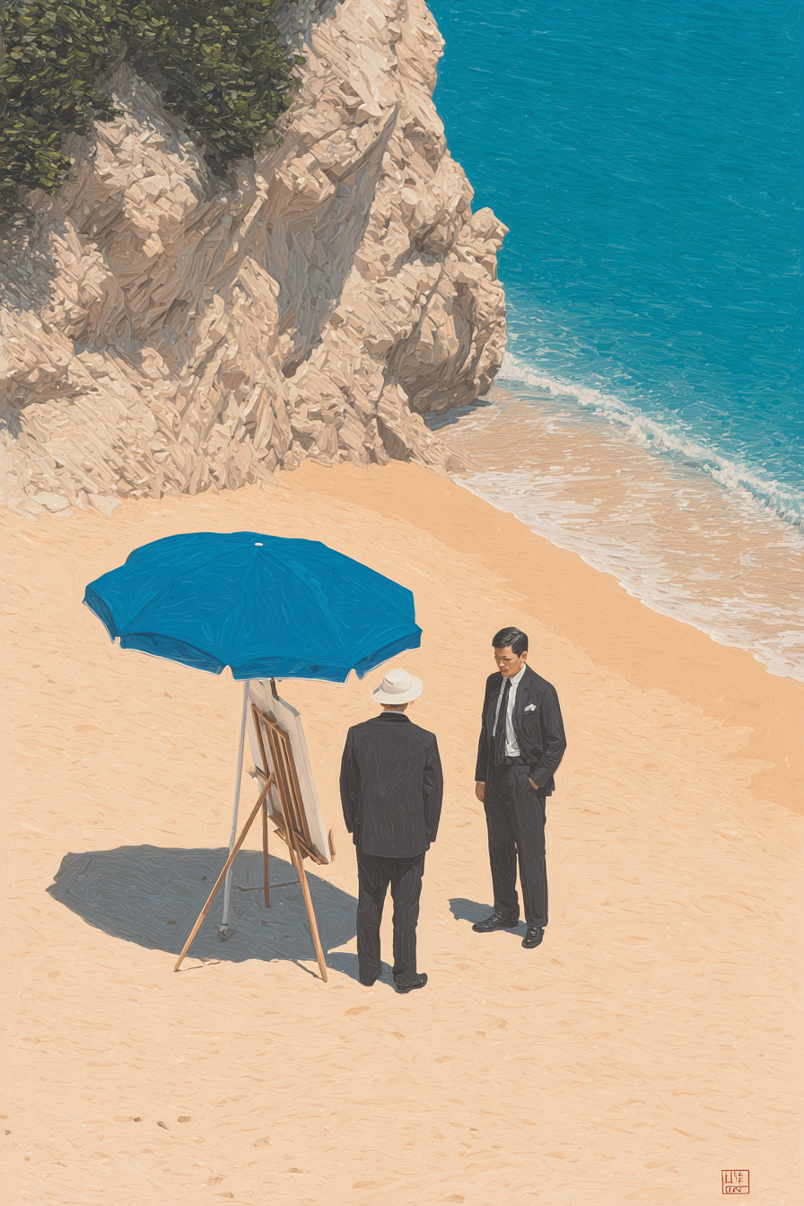Zwei Männer In Formeller Garderobe Am Strand Mit Easel Unter Umbrella | Humor und Schraeges | Themen und Hobbys