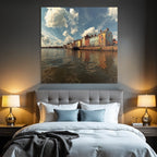Bunte Küstenstadt Mit Hafen Und Booten