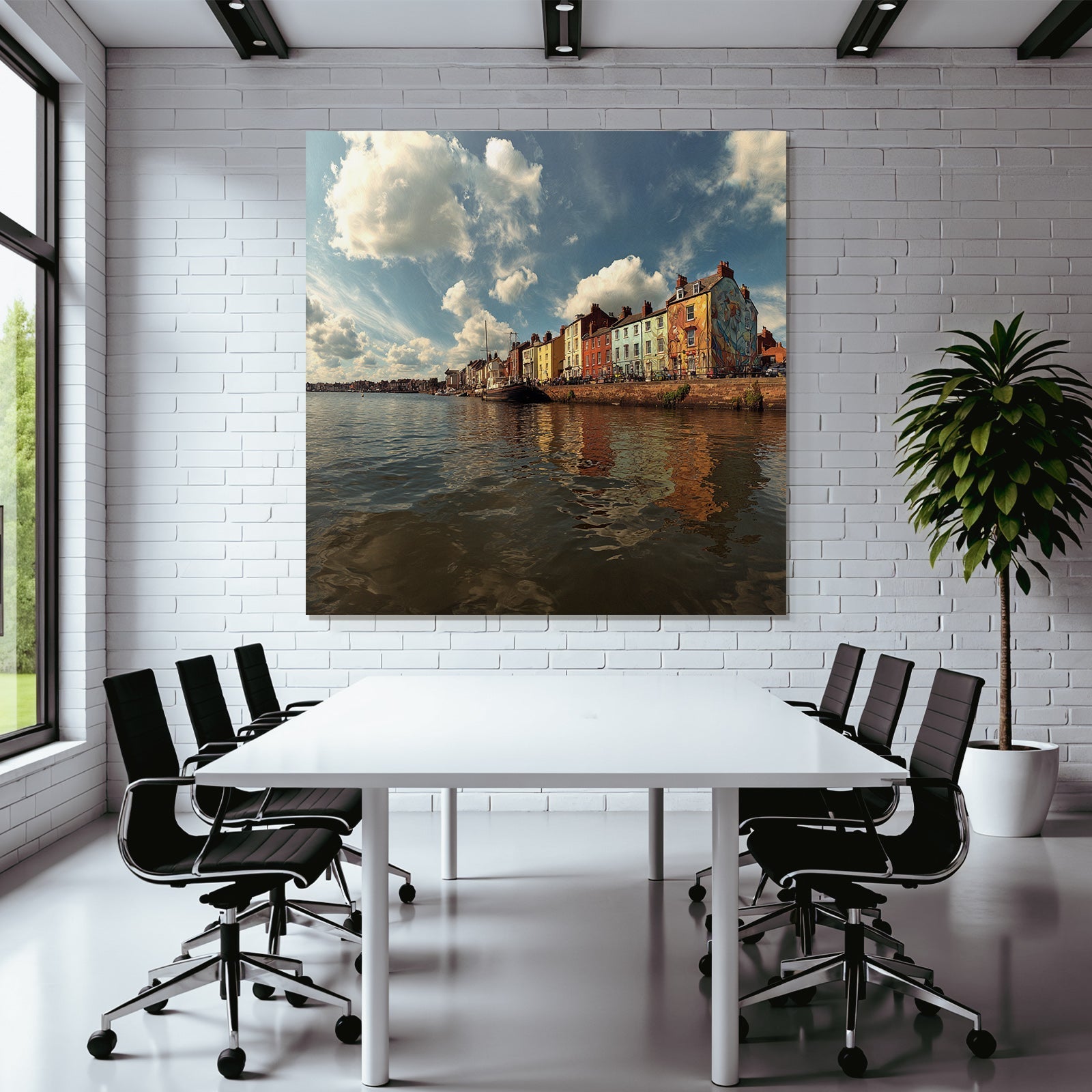 Bunte Küstenstadt Mit Hafen Und Booten