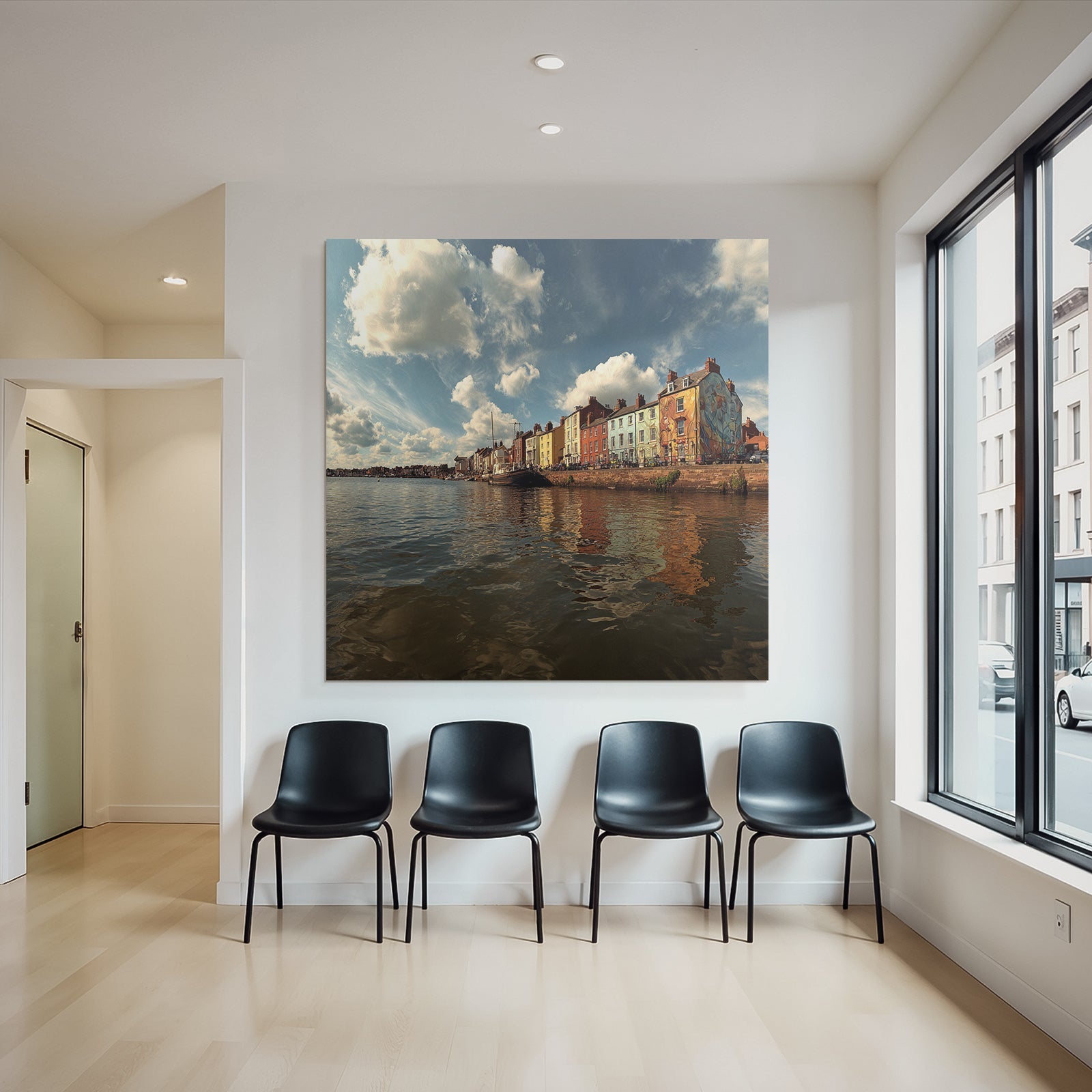 Bunte Küstenstadt Mit Hafen Und Booten