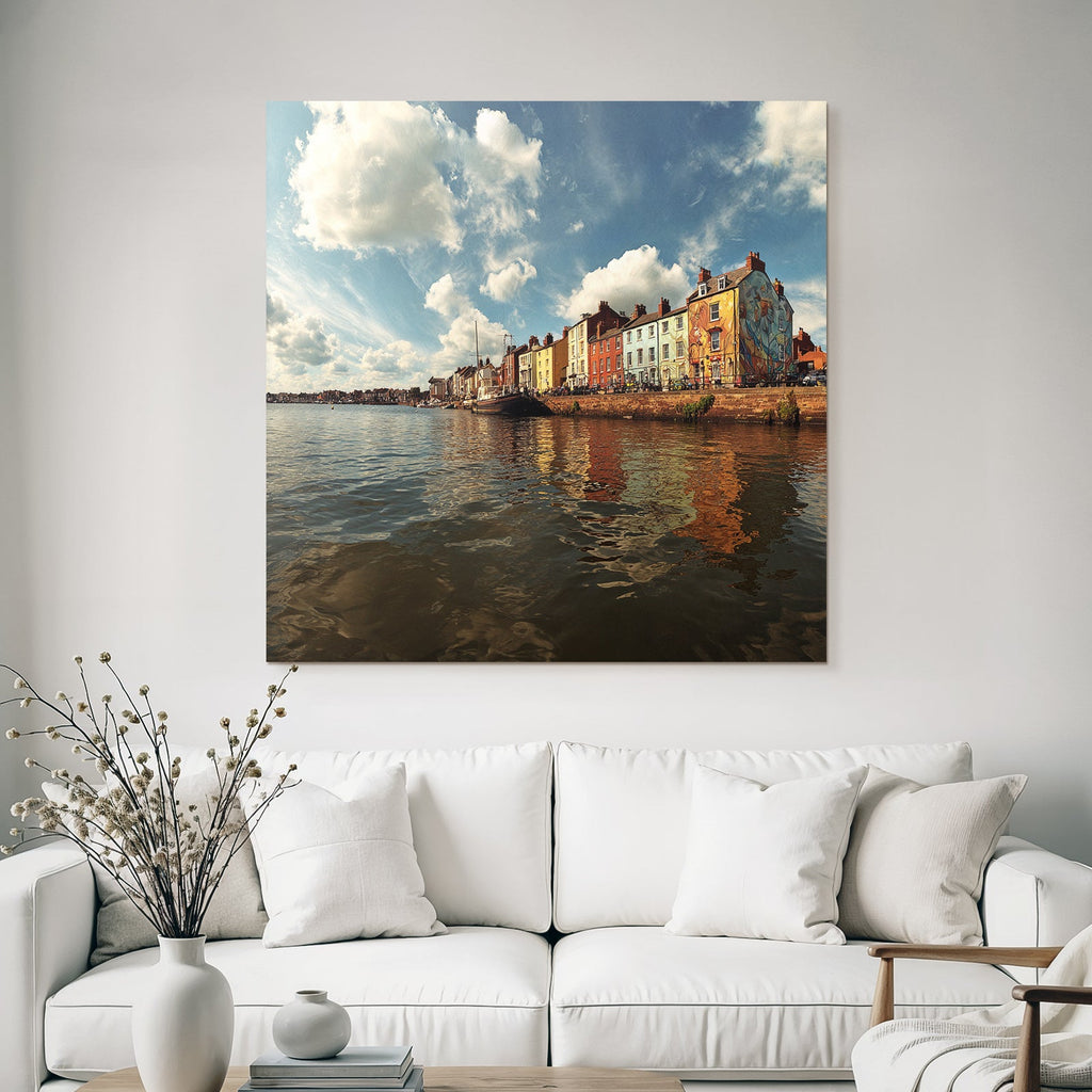 Bunte Küstenstadt Mit Hafen Und Booten