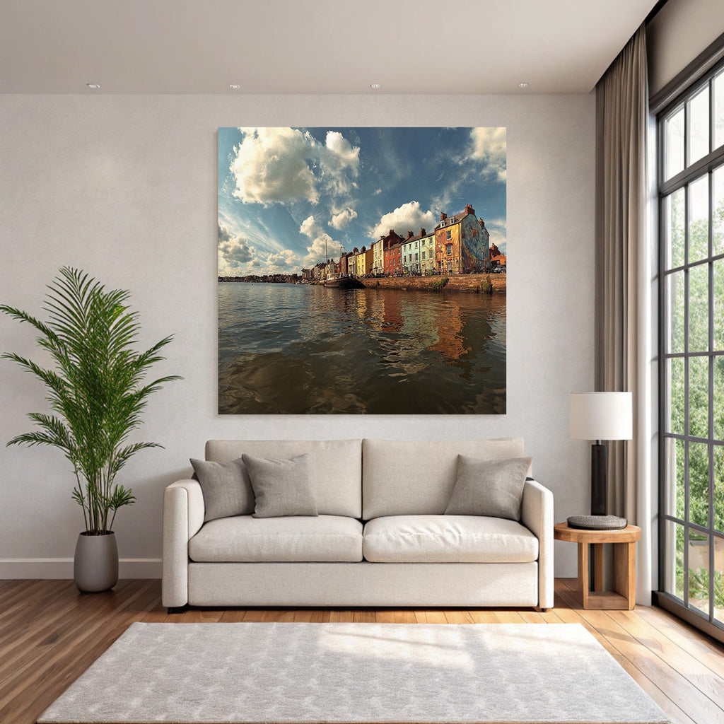 Bunte Küstenstadt Mit Hafen Und Booten