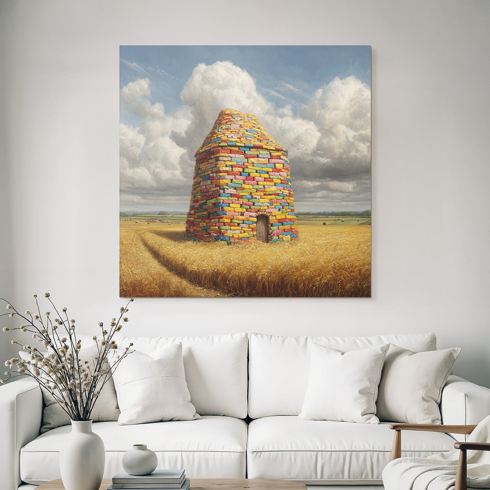 Bunte Turm Im Goldenen Weizenfeld Unter Wolkigem Himmel
