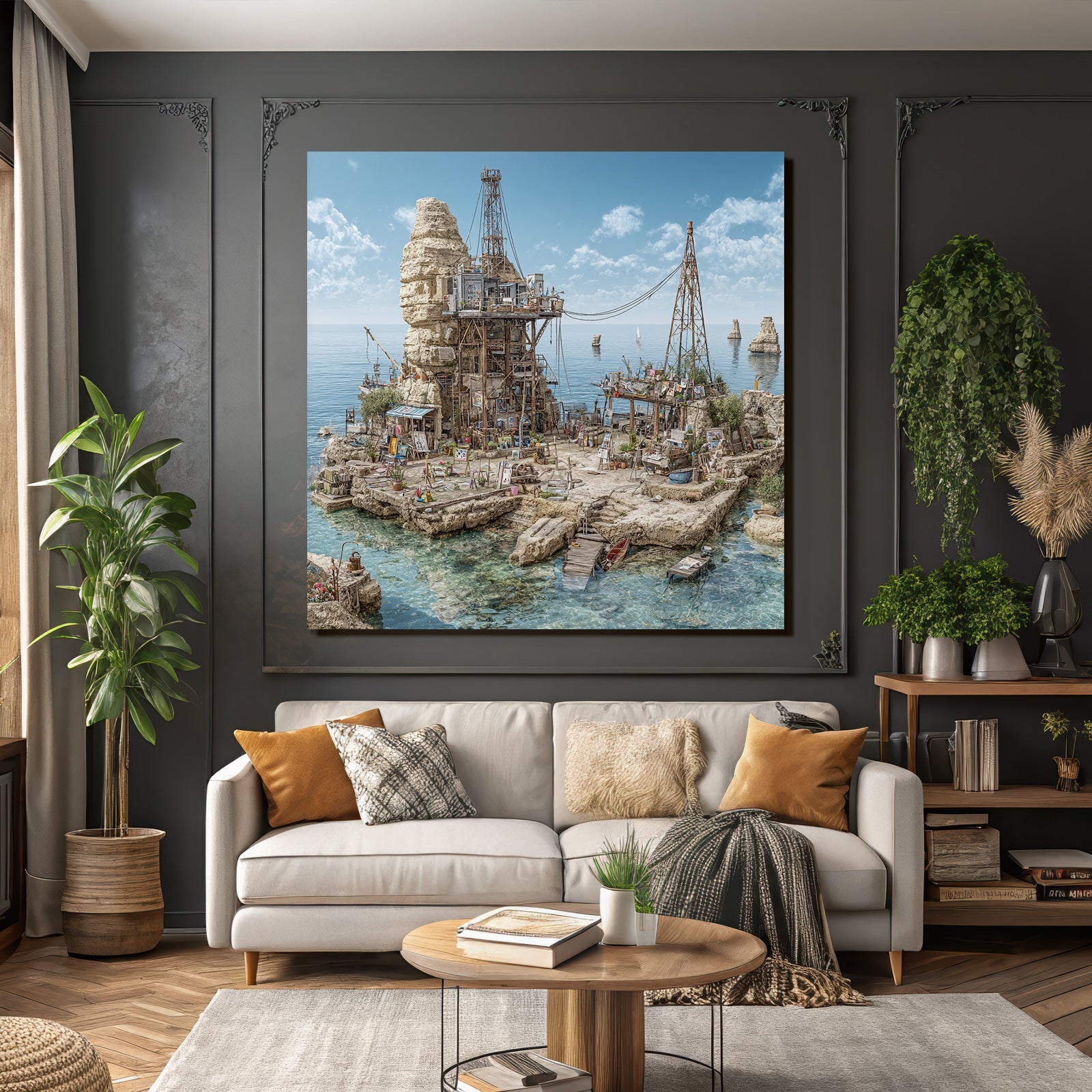 Coastal Scenery Rugged Cliffs Industrial Art Space Vibrant Greenery