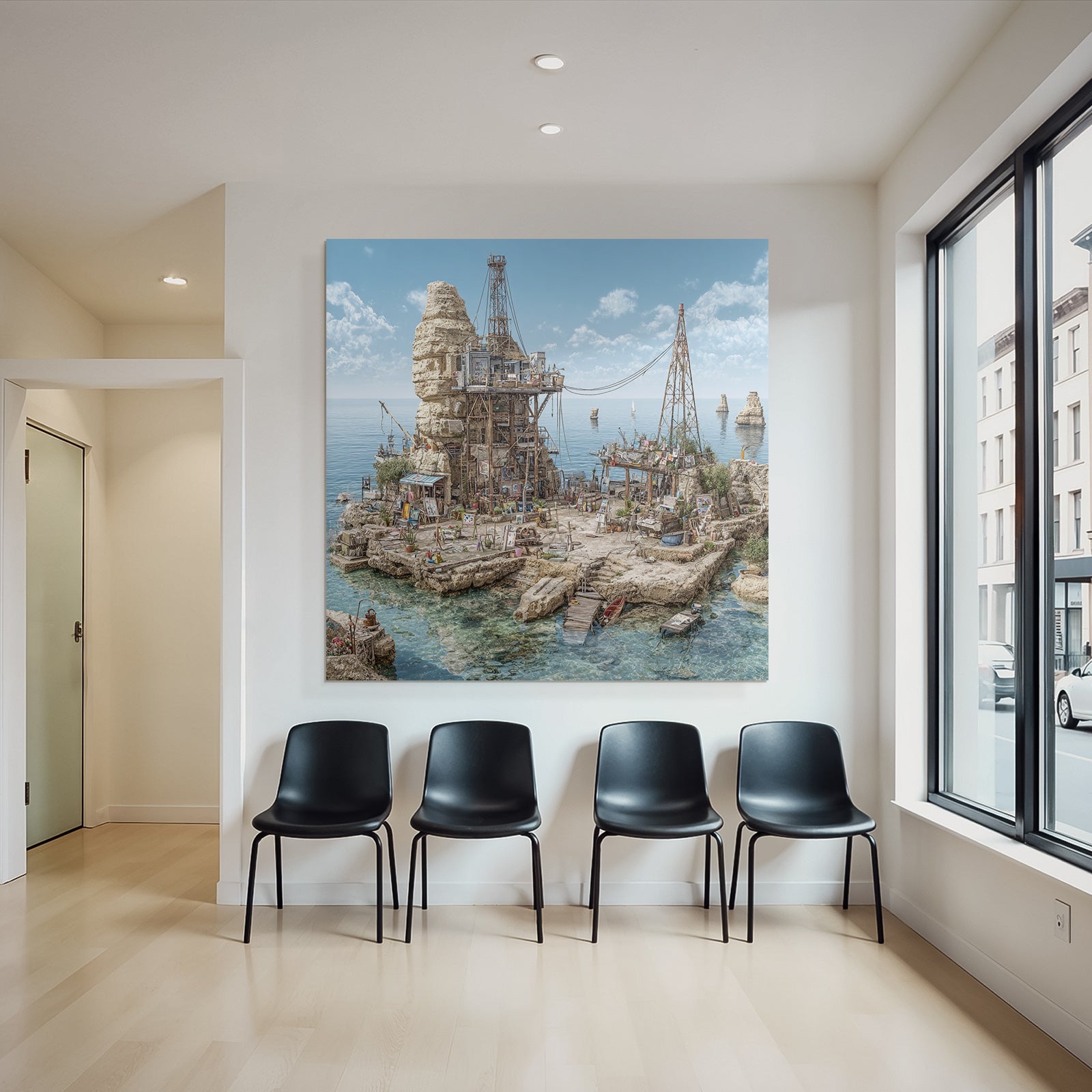 Coastal Scenery Rugged Cliffs Industrial Art Space Vibrant Greenery