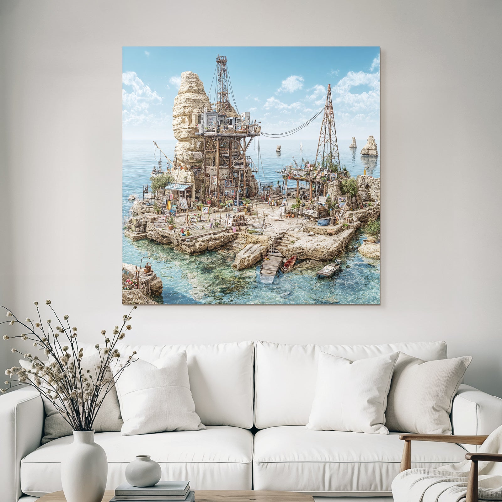 Coastal Scenery Rugged Cliffs Industrial Art Space Vibrant Greenery