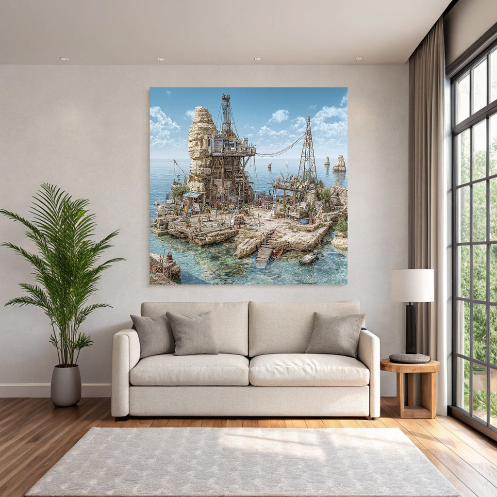 Coastal Scenery Rugged Cliffs Industrial Art Space Vibrant Greenery