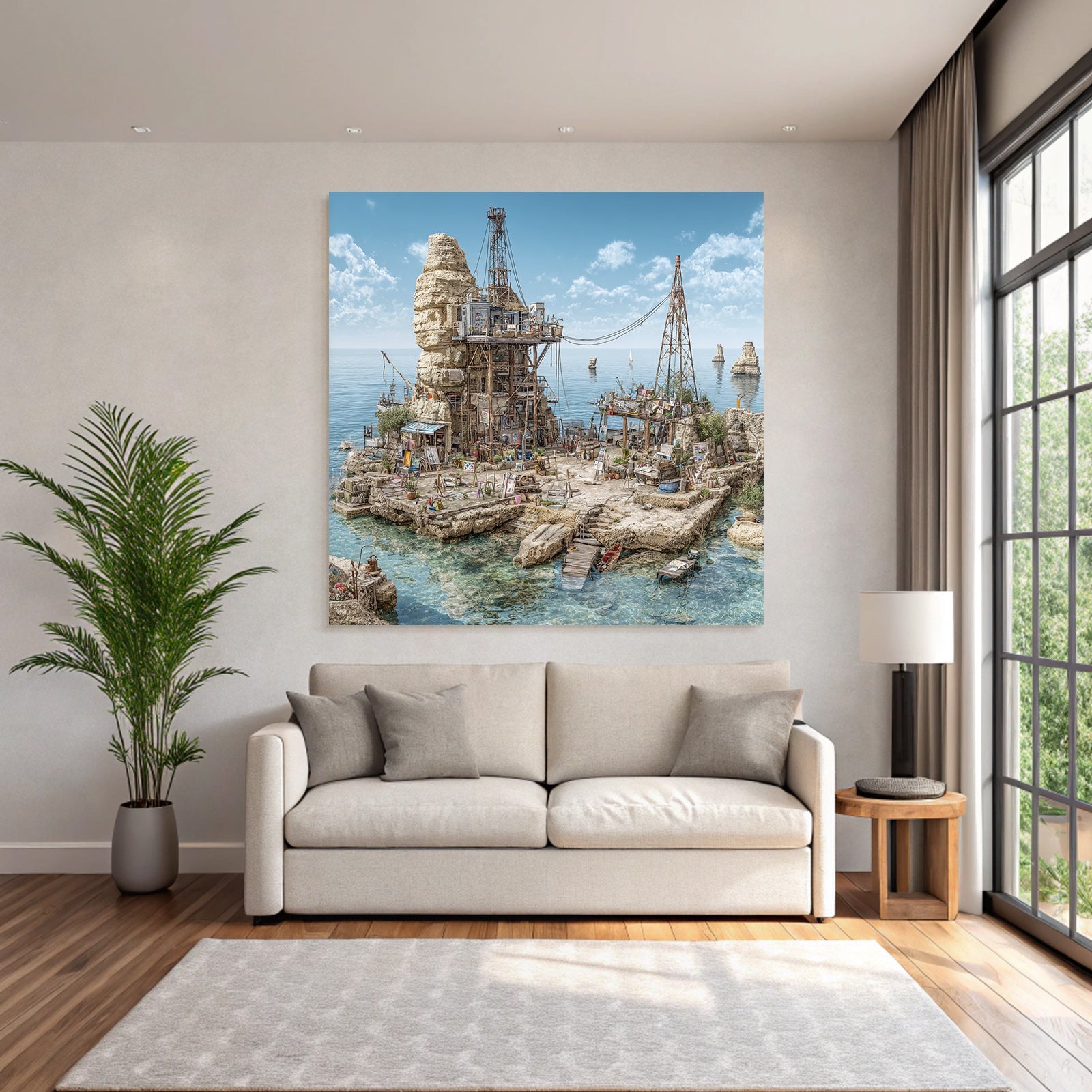 Coastal Scenery Rugged Cliffs Industrial Art Space Vibrant Greenery