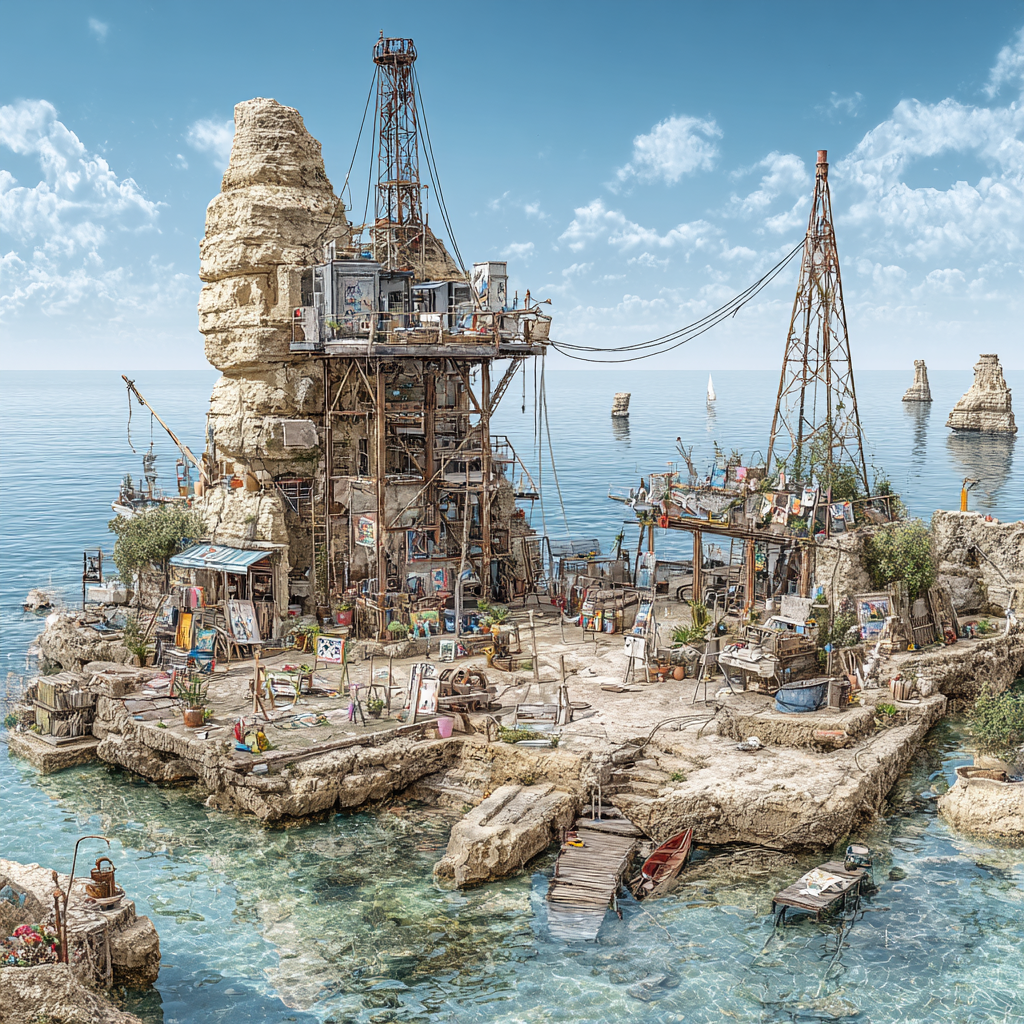 Coastal Scenery Rugged Cliffs Industrial Art Space Vibrant Greenery | Humor und Schraeges | Themen und Hobbys