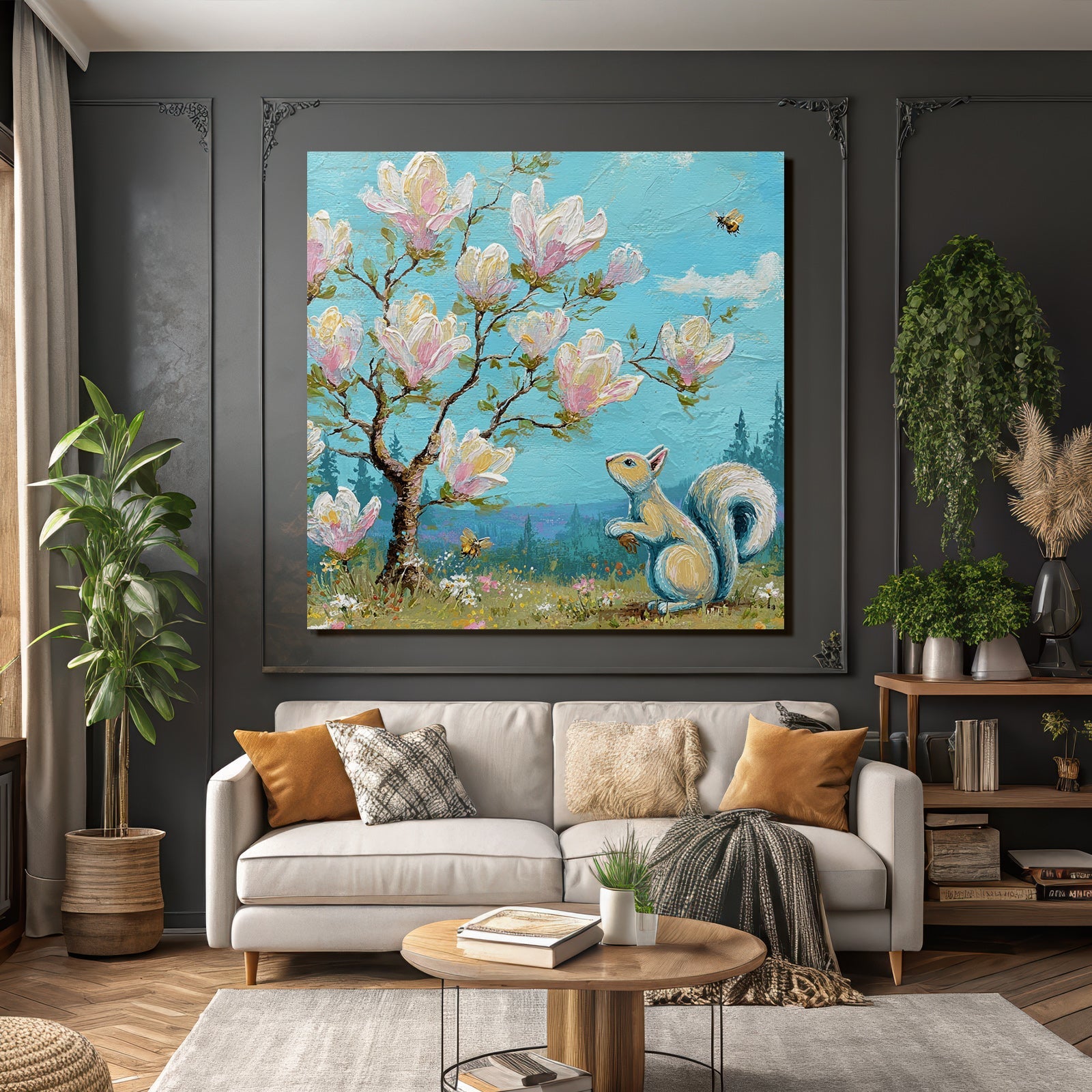 Eichhörnchen Unter Einem Blühenden Magnolienbaum Im Frühling
