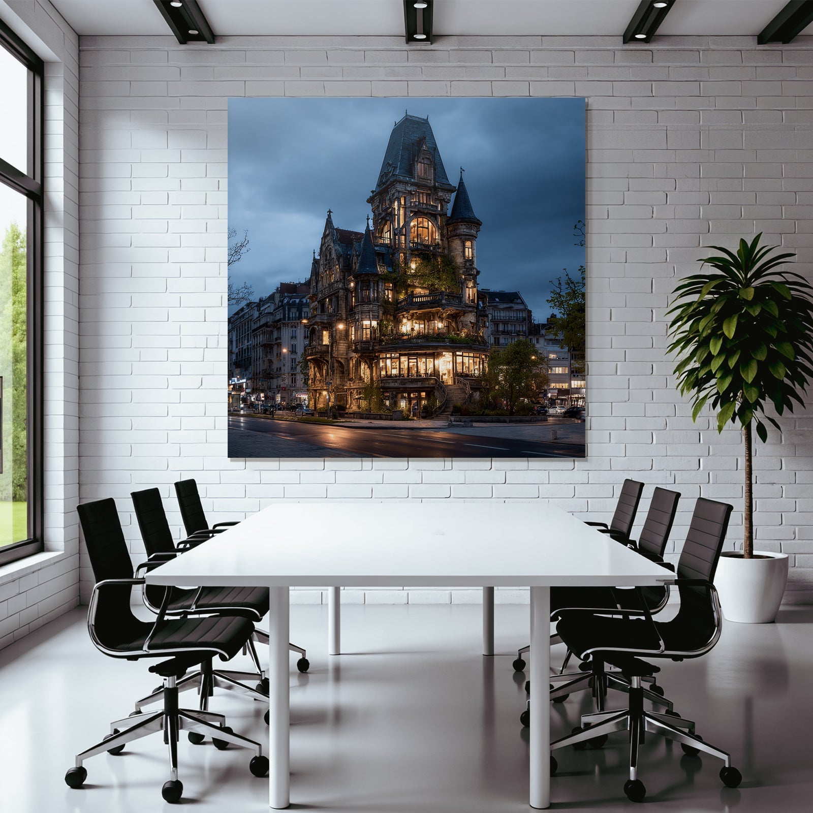 Elegantes Ornamentales Gebaude Mit Gotischen Und Modernen Elementen In Der Abenddunkelheit