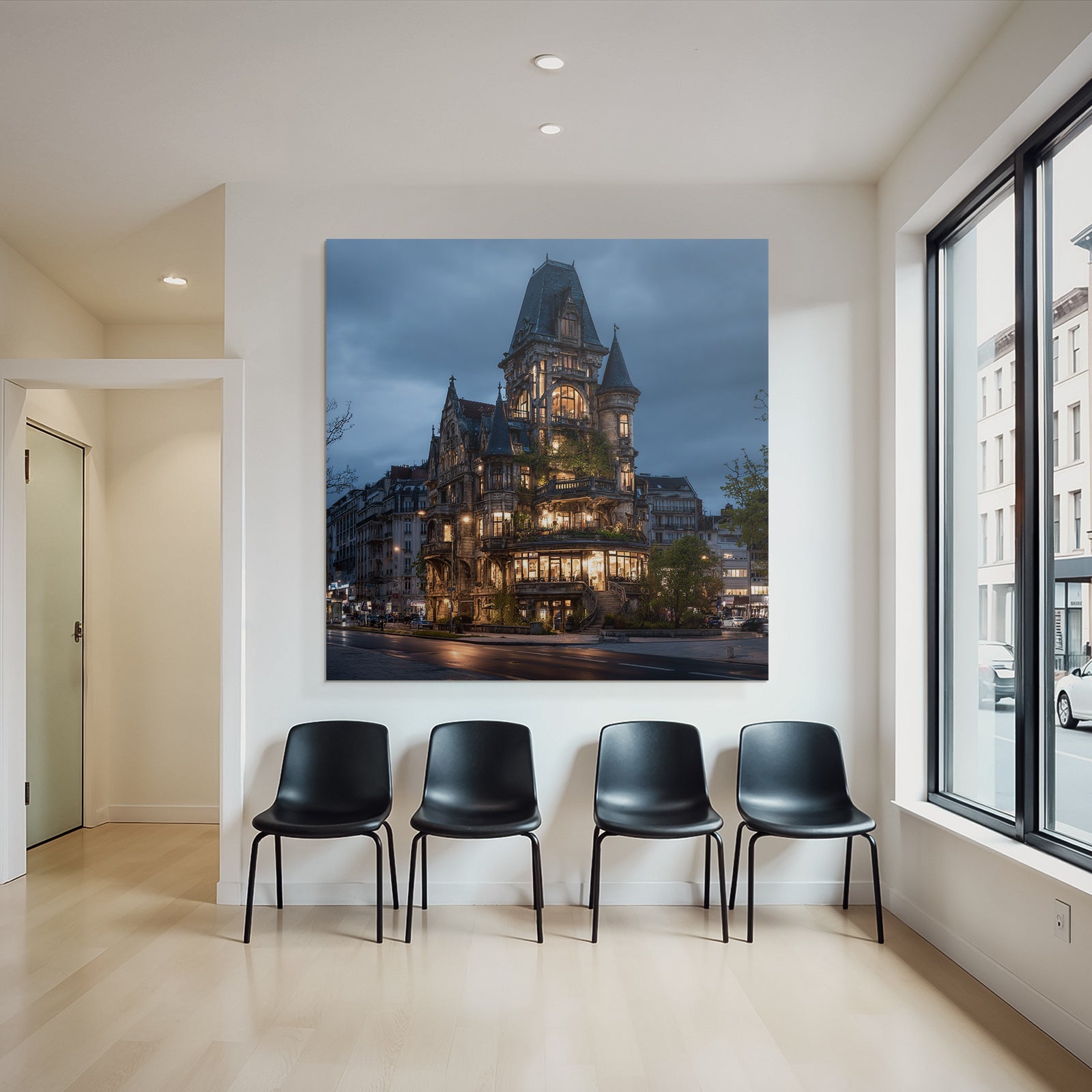 Elegantes Ornamentales Gebaude Mit Gotischen Und Modernen Elementen In Der Abenddunkelheit