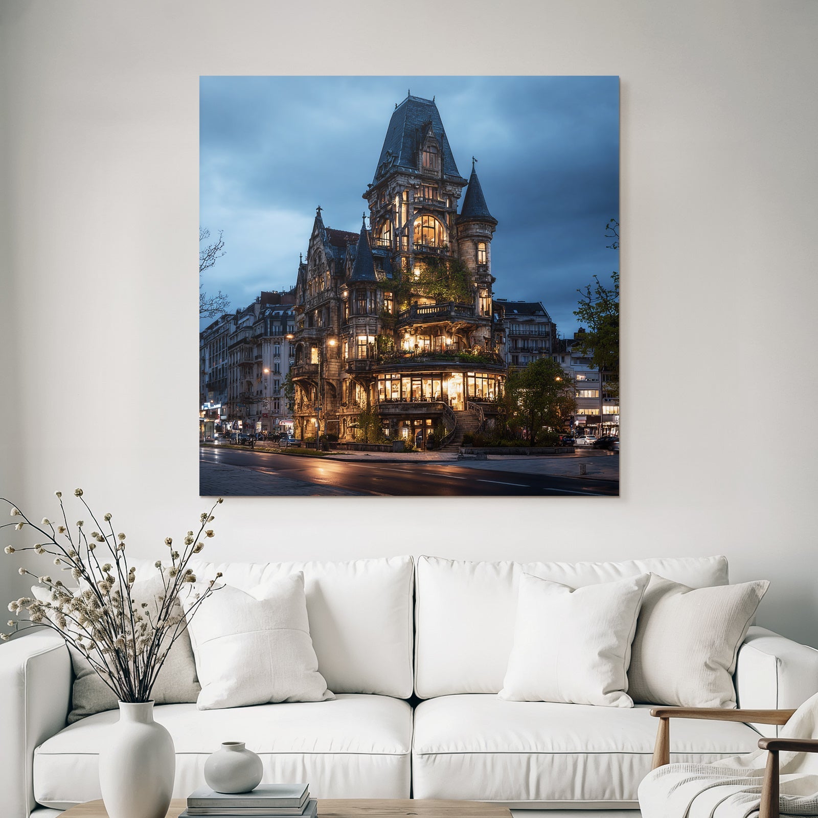 Elegantes Ornamentales Gebaude Mit Gotischen Und Modernen Elementen In Der Abenddunkelheit