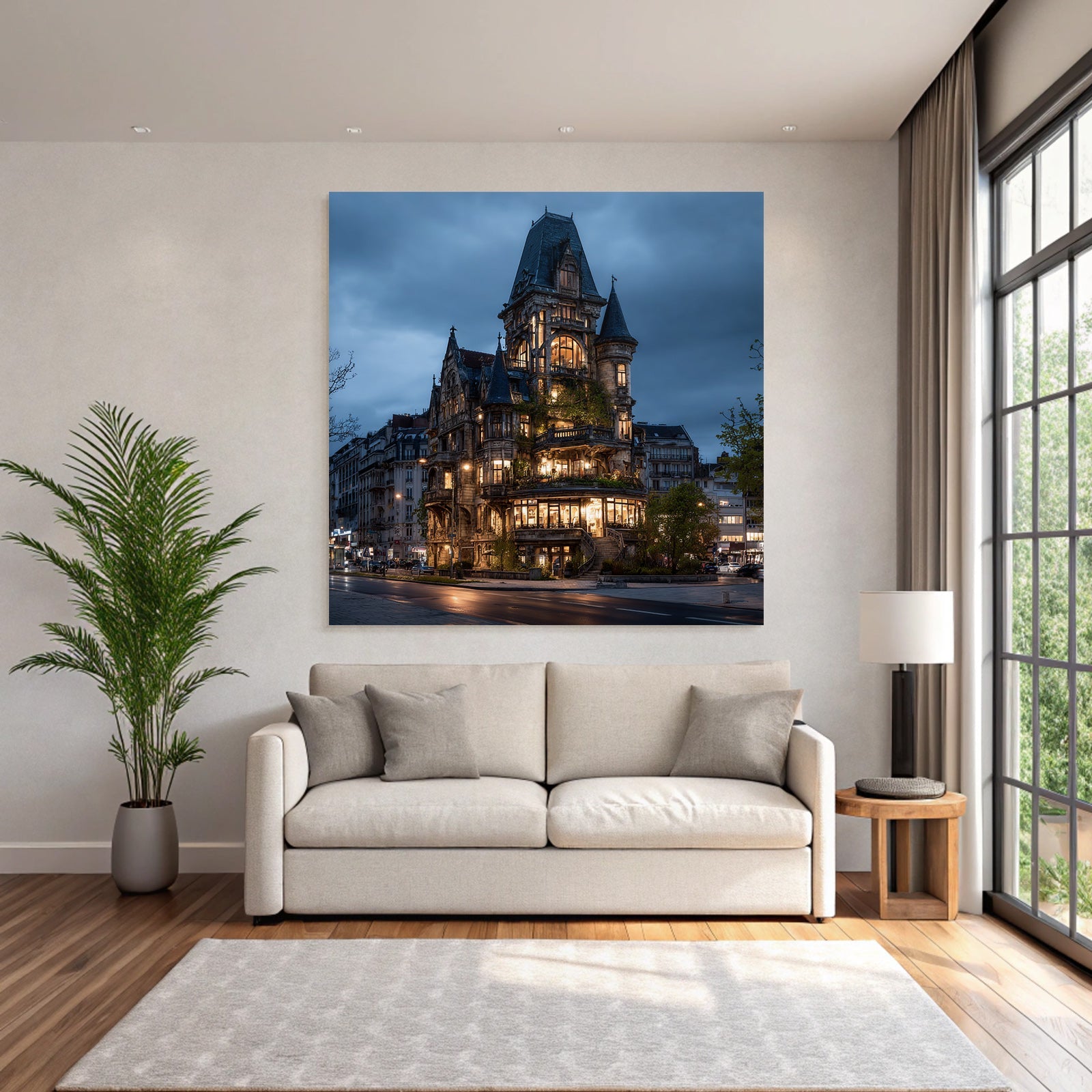 Elegantes Ornamentales Gebaude Mit Gotischen Und Modernen Elementen In Der Abenddunkelheit