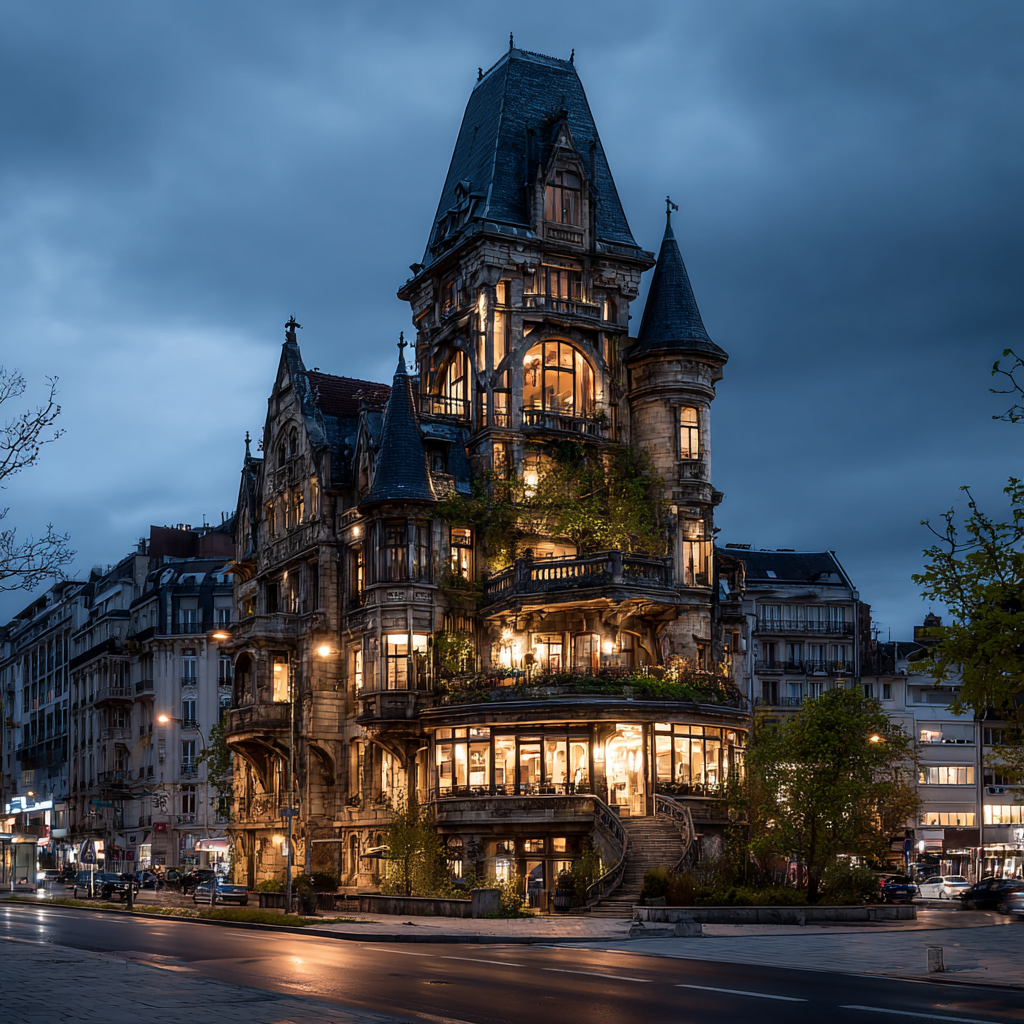 Elegantes Ornamentales Gebaude Mit Gotischen Und Modernen Elementen In Der Abenddunkelheit | Humor und Schraeges | Themen und Hobbys