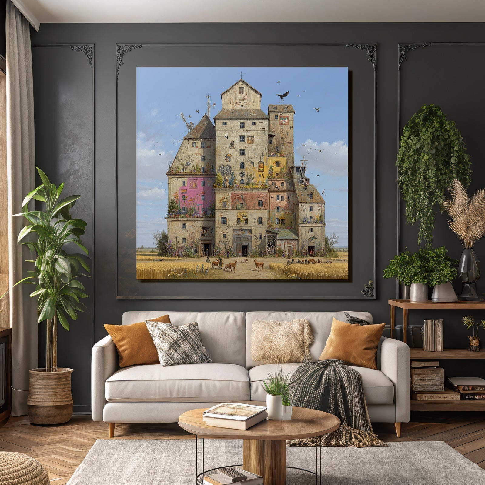 Fantasievolles Gebaude Mit Buntem Stil Und Interagierenden Tieren Und Menschen