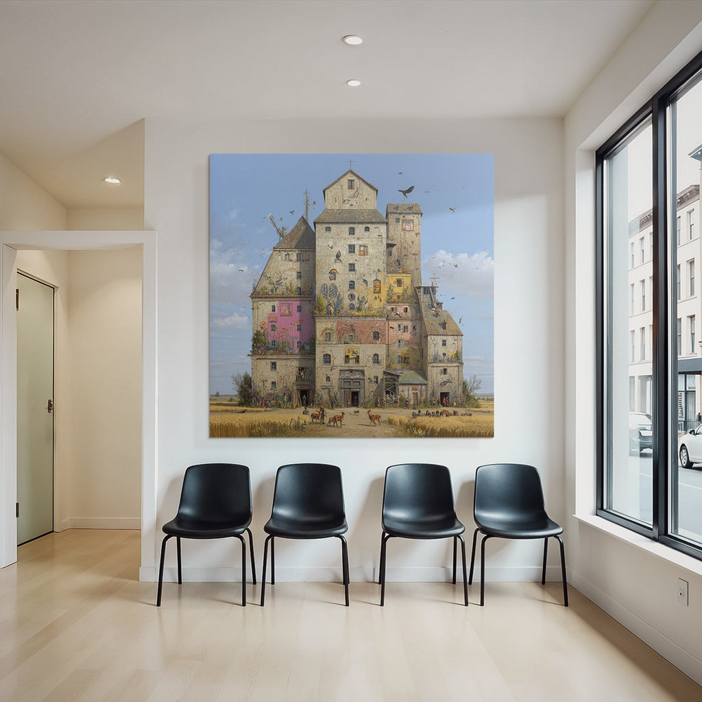 Fantasievolles Gebaude Mit Buntem Stil Und Interagierenden Tieren Und Menschen