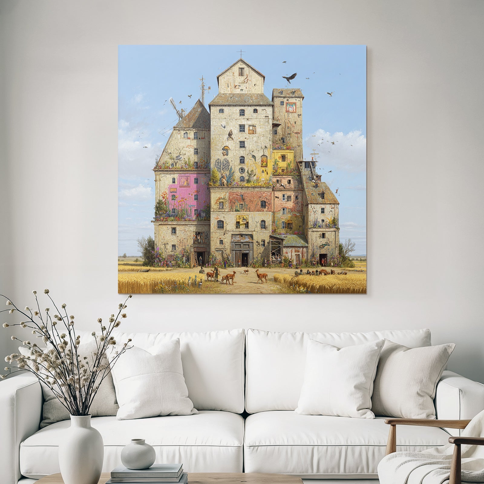 Fantasievolles Gebaude Mit Buntem Stil Und Interagierenden Tieren Und Menschen