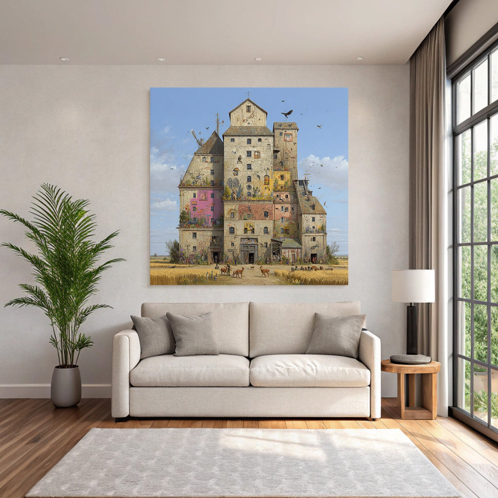 Fantasievolles Gebaude Mit Buntem Stil Und Interagierenden Tieren Und Menschen