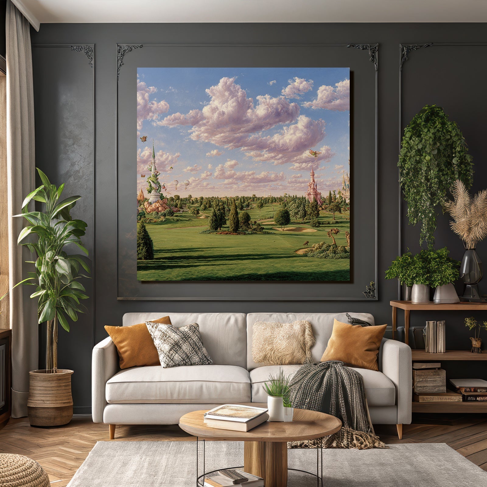 Fantastische Landschaft Mit Architektur Grünen Hot Air Balloons Und Butterflies