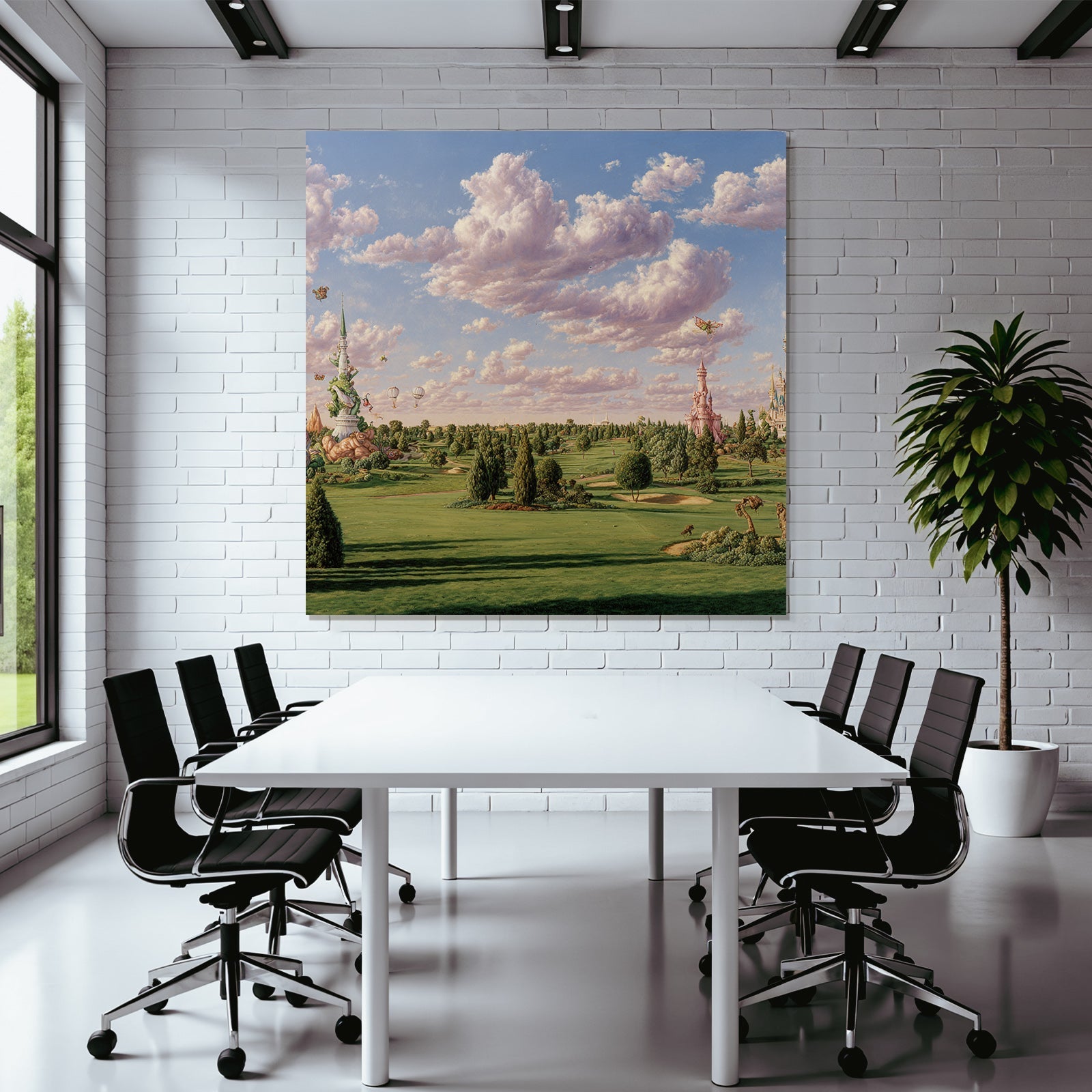 Fantastische Landschaft Mit Architektur Grünen Hot Air Balloons Und Butterflies