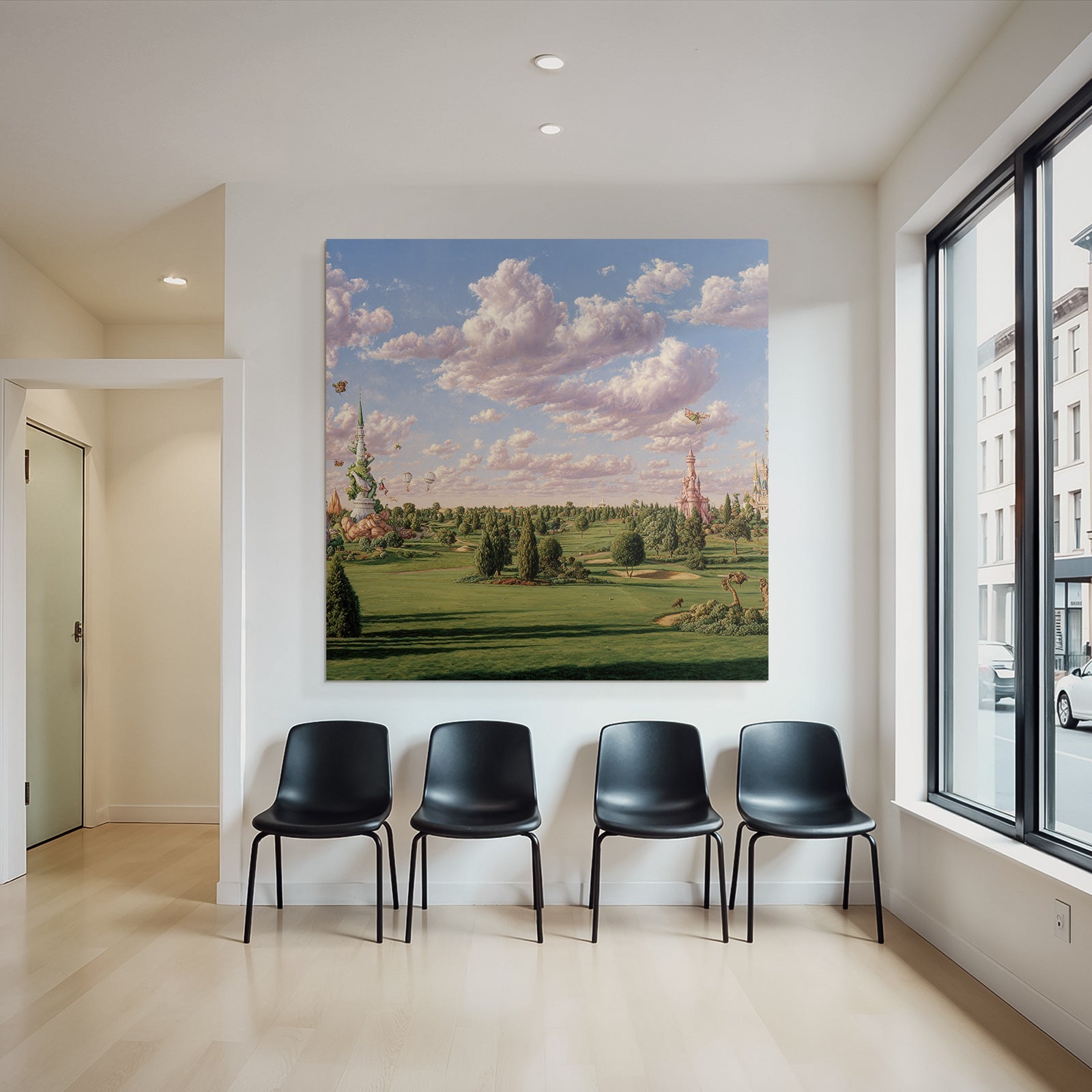 Fantastische Landschaft Mit Architektur Grünen Hot Air Balloons Und Butterflies