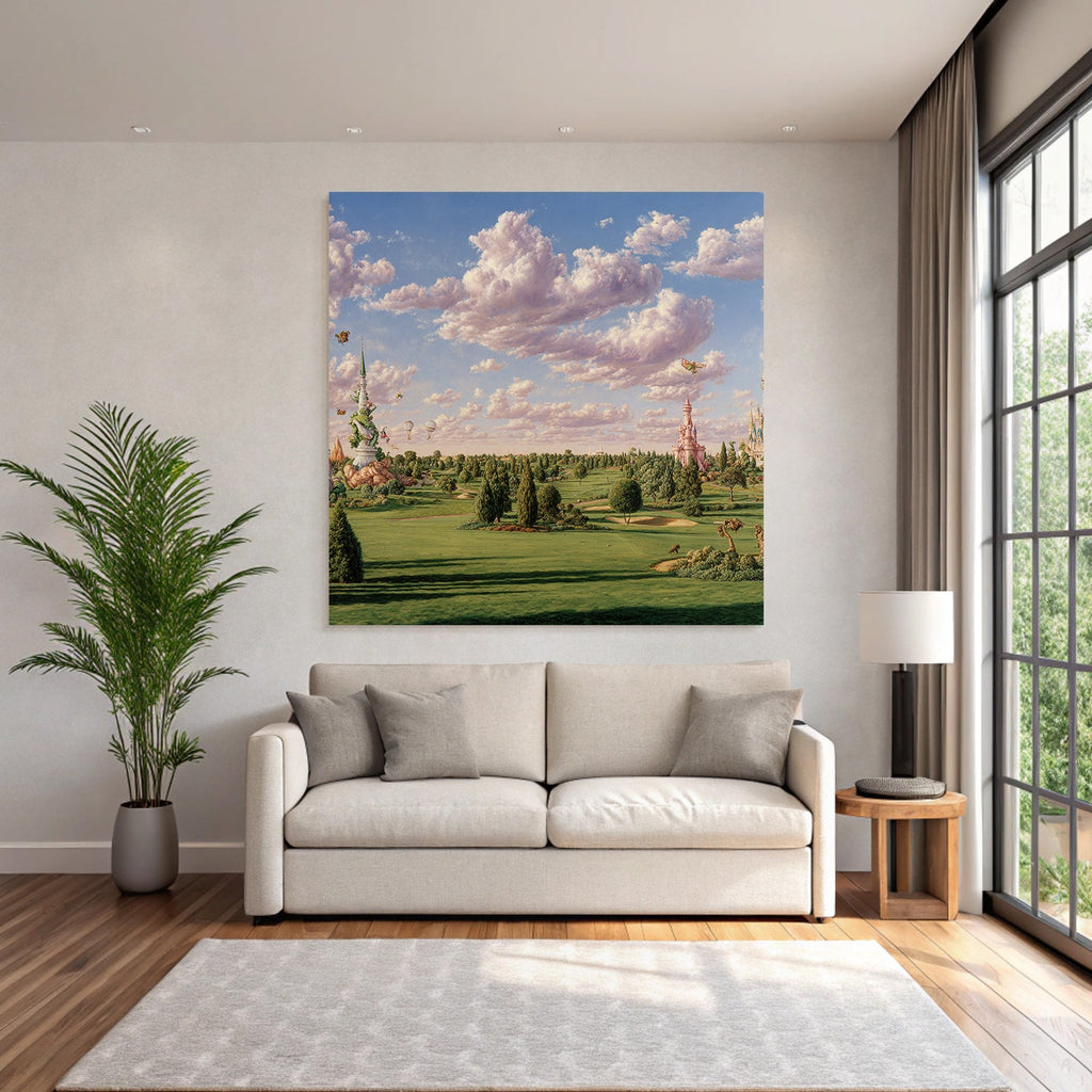 Fantastische Landschaft Mit Architektur Grünen Hot Air Balloons Und Butterflies