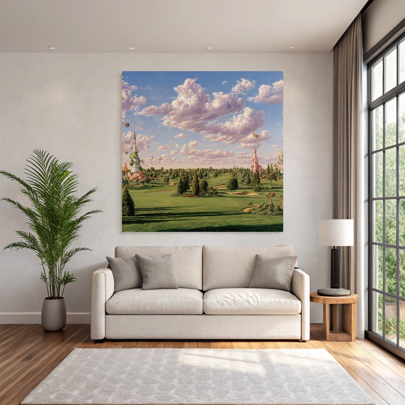 Fantastische Landschaft Mit Architektur Grünen Hot Air Balloons Und Butterflies