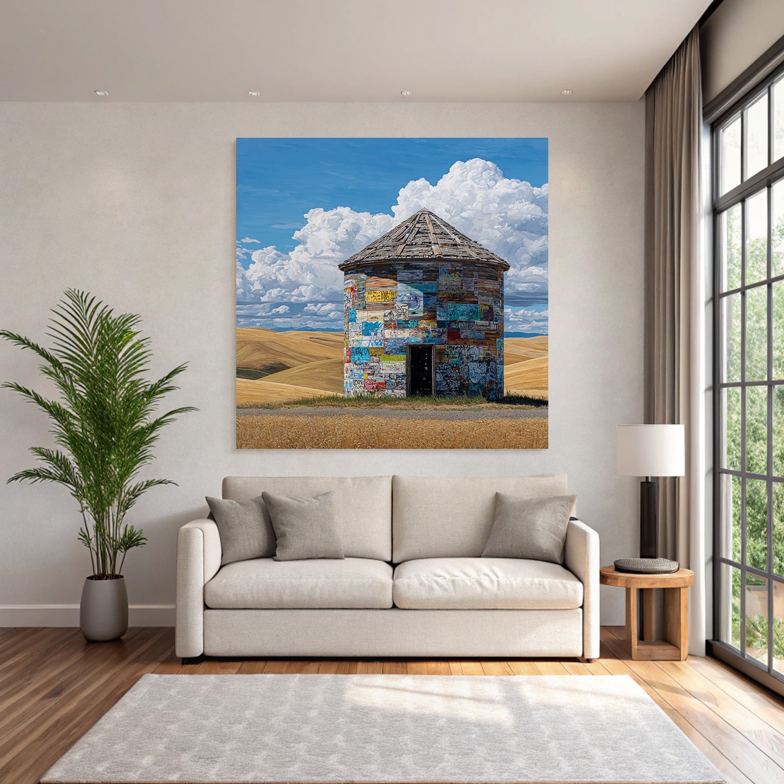 Farbige Graffiti Getreidesilo Umgebung Goldene Felder Blaür Himmel
