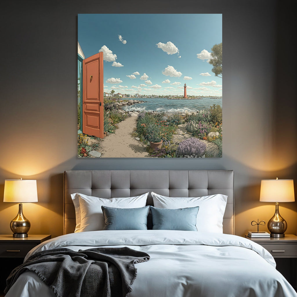 Peaceful coastal landscape with open door and flower path