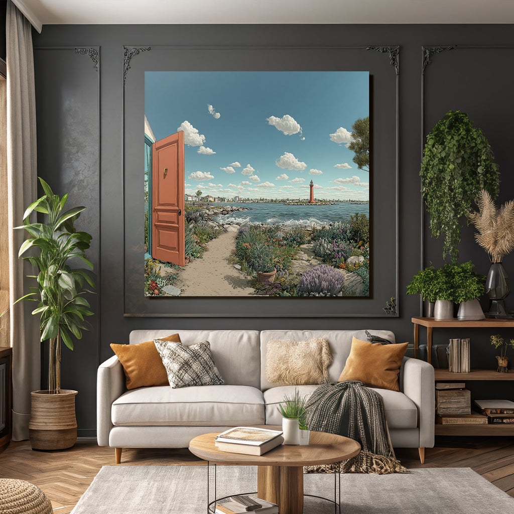 Peaceful coastal landscape with open door and flower path
