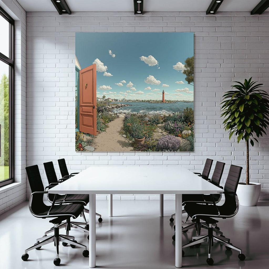 Peaceful coastal landscape with open door and flower path