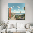 Peaceful coastal landscape with open door and flower path